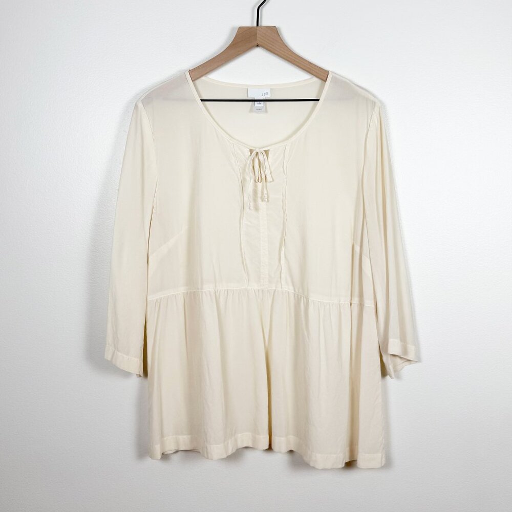J. Jill 100% Silk Cream Babydoll Peasant Blouse Size L Petite